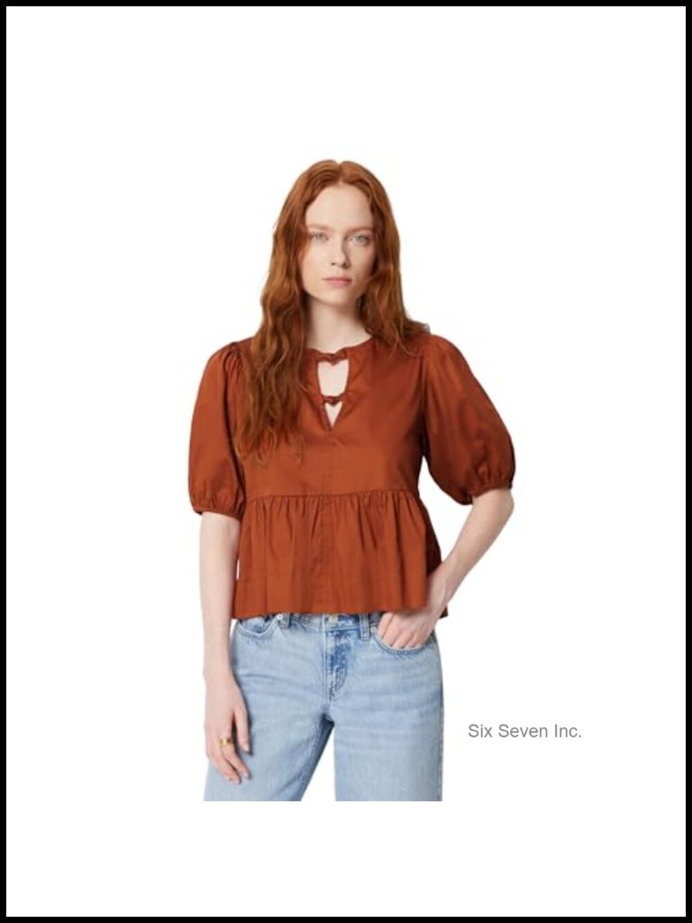 Cotton Sateen Peplum Blouse Knot Front Puff Sleeve Top
